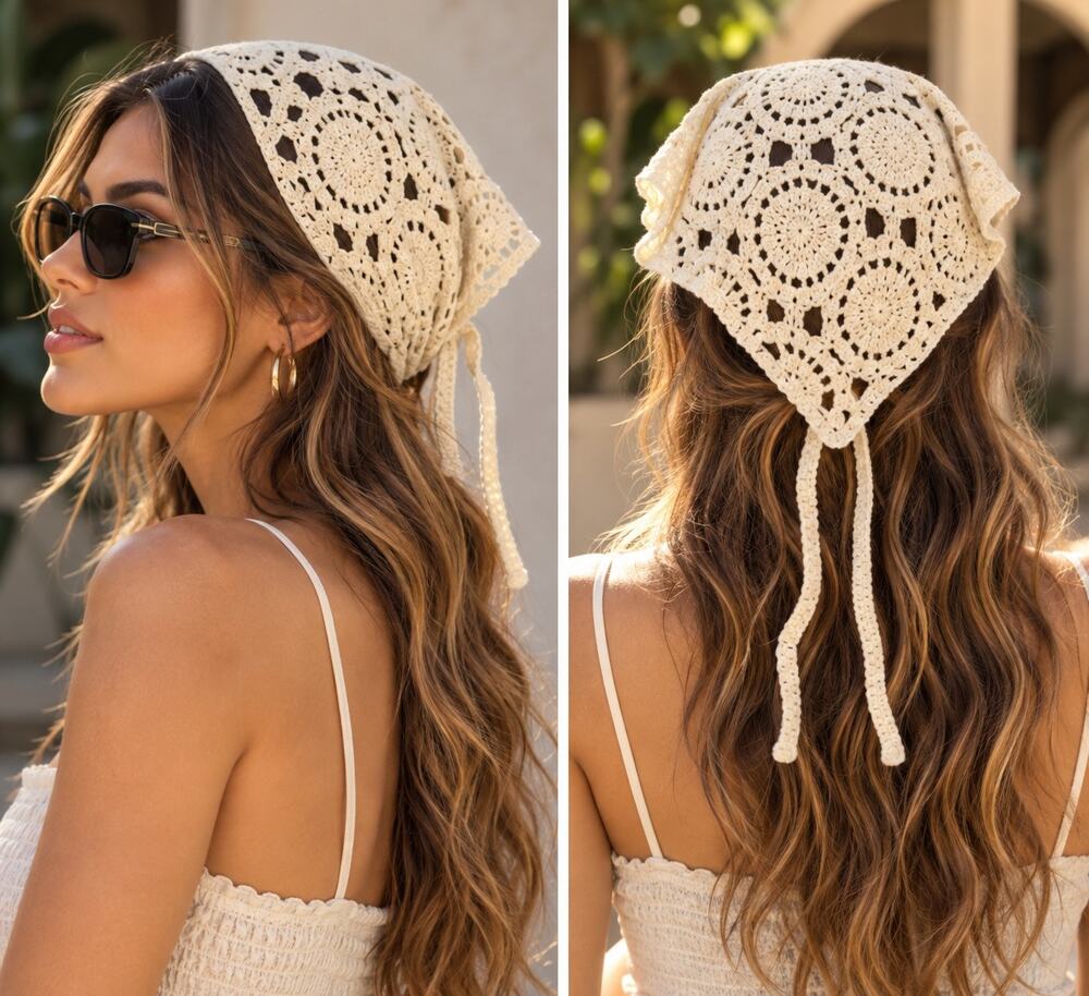 Cream Crochet Knit Triangle Headscarf O/S Open Work French Style Floral Hippie